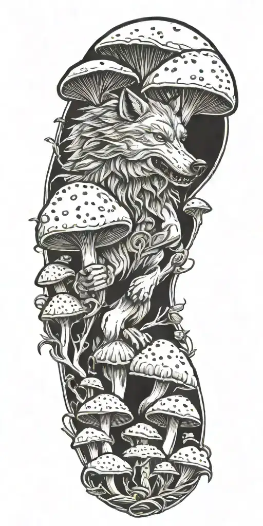 warrior wolf mushrooms  tattoo design idea