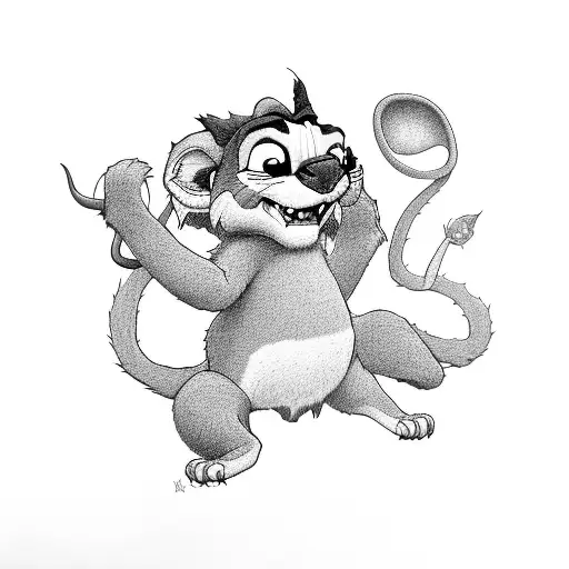 libro con Simba, timón, mushu y stich saliendo de él tattoo design idea