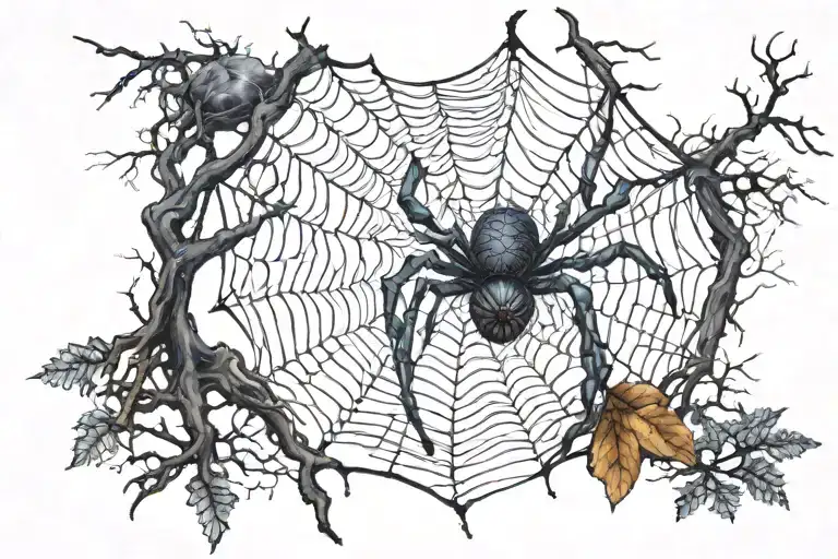 A spooky Halloween scene with a spider weaving its web in a dark forest tattoo design idea