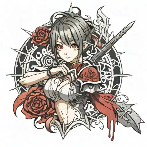  tatuaje tipo anime, que salga una mujer sombría, malévola, bañada en sangre y locura, con un arma tattoo design idea