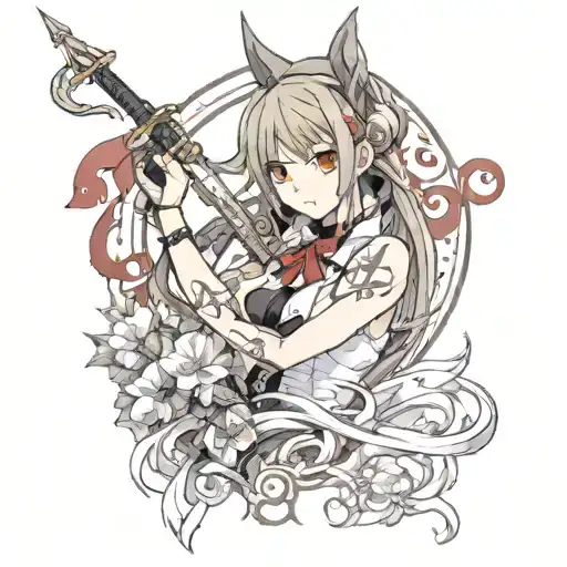 quiero un tatuaje tipo anime, que salga una mujer sombría, malévola, bañada en sangre y locura, con un arma tattoo design idea