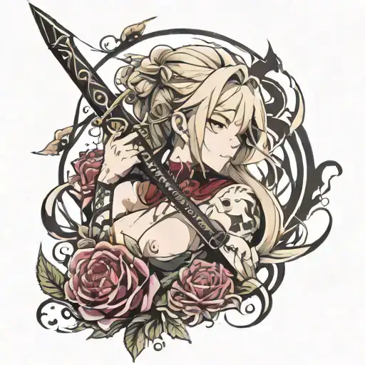  tatuaje oscuro tipo anime, que salga una mujer sombría, malévola, bañada en sangre y locura, con un arma tattoo design idea