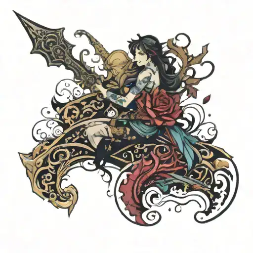 quiero un tatuaje tipo anime, que salga una mujer sombría, malévola, bañada en sangre y locura, con un arma tattoo design idea