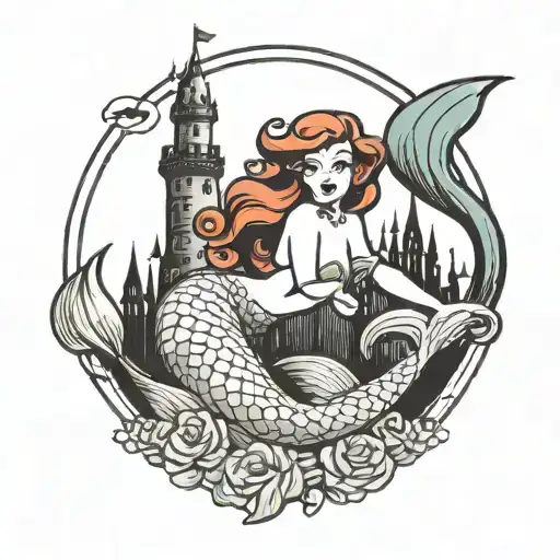 Little mermaid swimming in front of the Disney castle logo tattoo design idea