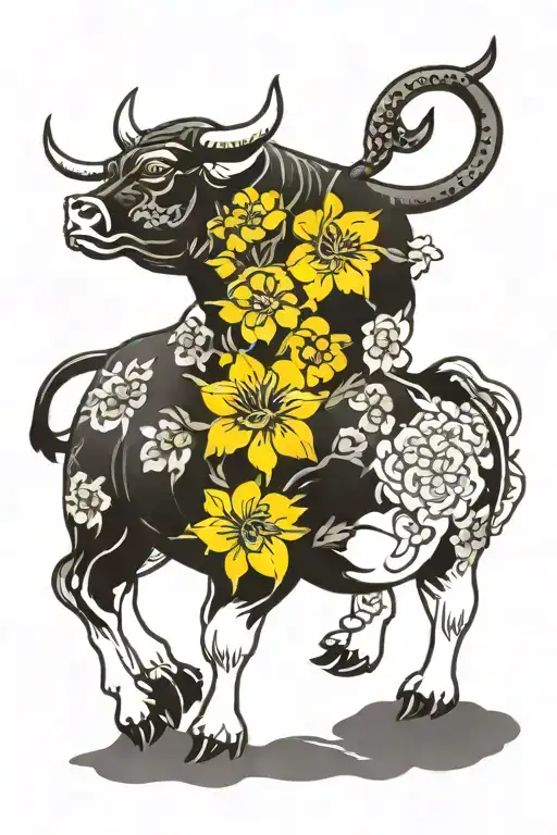 Japanese Bull with Daffodil Flowers   tattoo design idea