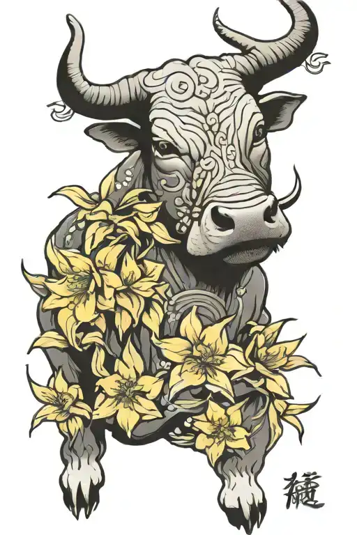 Japanese Bull and Daffodils tattoo design idea