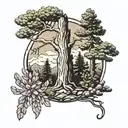 Ponderosa pine tree with lupines around the base  tattoo design idea