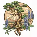 Ponderosa pine tree with lupines around the base  tattoo design idea