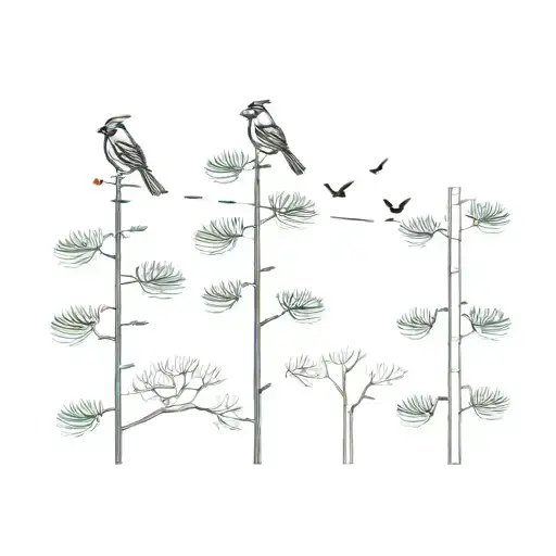 5 evergreen trees in a row with a cardinal on 2nd tree from left tattoo design idea