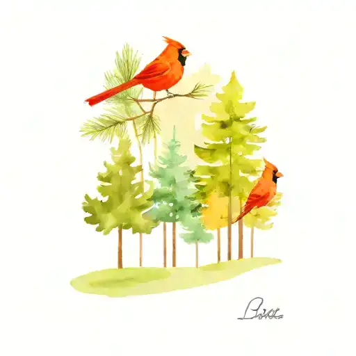 5 evergreen trees in a row with a cardinal on the 2nd tree from the left  tattoo design idea