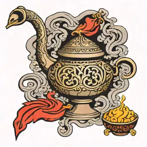 aladdin lamp with smoke coming from it.  the smoke makes the following images:  burrito,  puzzle peice, celtic heart, ap tattoo design idea