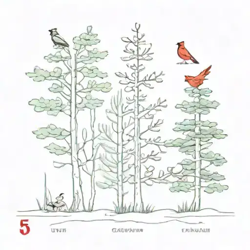 5 evergreen trees in a row with 1  cardinal on 2nd tree from left tattoo design idea