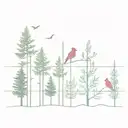5 evergreen trees in a row with a cardinal on 2nd tree from left tattoo design idea
