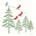 5 evergreen trees in a row with a cardinal on 2nd tree from left tattoo design idea