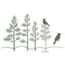 5 evergreen trees in a row with a cardinal on 2nd tree from left tattoo design idea