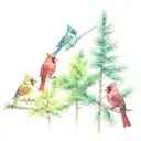 5 evergreen trees in a row with a cardinal on 2nd tree from left tattoo design idea