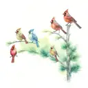 5 evergreen trees in a row with a cardinal on 2nd tree from left tattoo design idea