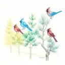 5 evergreen trees in a row with a cardinal on 2nd tree from left tattoo design idea