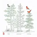 5 evergreen trees in a row with 1  cardinal on 2nd tree from left tattoo design idea