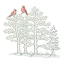 5 evergreen trees in a row with 1  cardinal on 2nd tree from left tattoo design idea