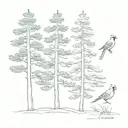 5 evergreen trees in a row with 1  cardinal on 2nd tree from left tattoo design idea