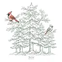 5 evergreen trees in a row with 1  cardinal on 2nd tree from left tattoo design idea