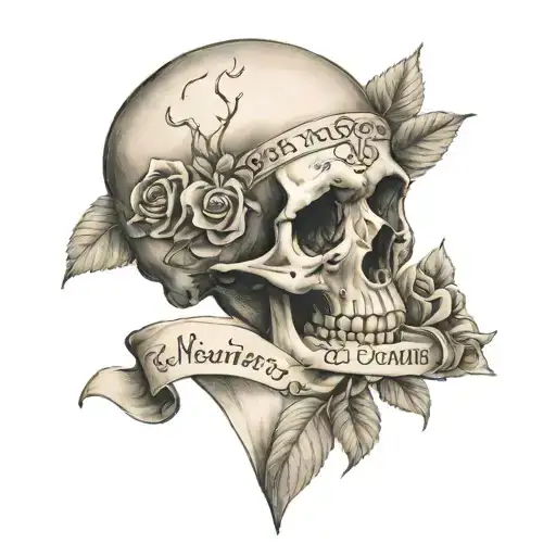 A memento mori tattoo featuring a skull with the wording on a banner. Flowers around the skull and a hourglass nearby  tattoo design idea