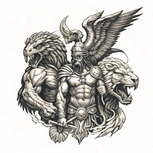zue eagle vs hades and Cerberus, gladiator and Spartans  tattoo design idea