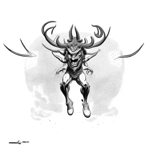 devil man, full body in moving, head with horns, background free, line work, line art, black work, Louis Le Breton style tattoo design idea