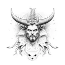 devil man, full body in moving, head with horns, background free, line work, line art, black work, Louis Le Breton style tattoo design idea