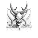 devil man, full body in moving, head with horns, background free, line work, line art, black work, Louis Le Breton style tattoo design idea