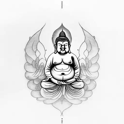 Fat Buddha with 2 Butterflies and a Phoenix bird surrounding it tattoo design idea