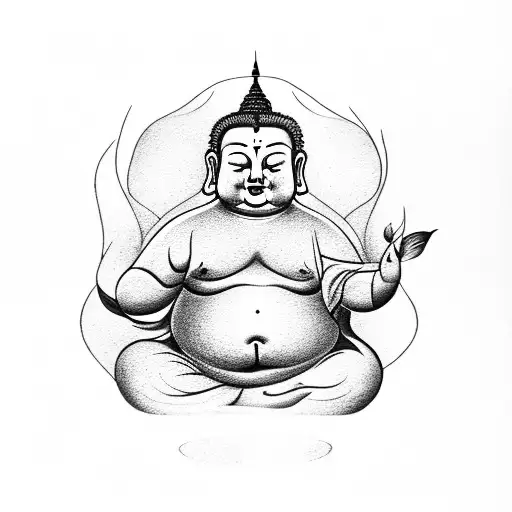 Fat Buddha with 2 Butterflies and a Phoenix bird surrounding it tattoo design idea