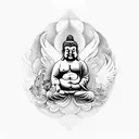 Fat Buddha with 2 Butterflies and a Phoenix bird surrounding it tattoo design idea