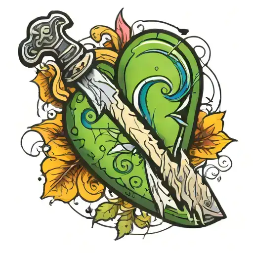 knife in a cracked heart with initials on the knife  tattoo design idea