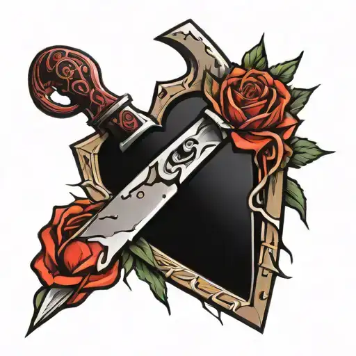 knife in a cracked heart with initials on the knife  tattoo design idea