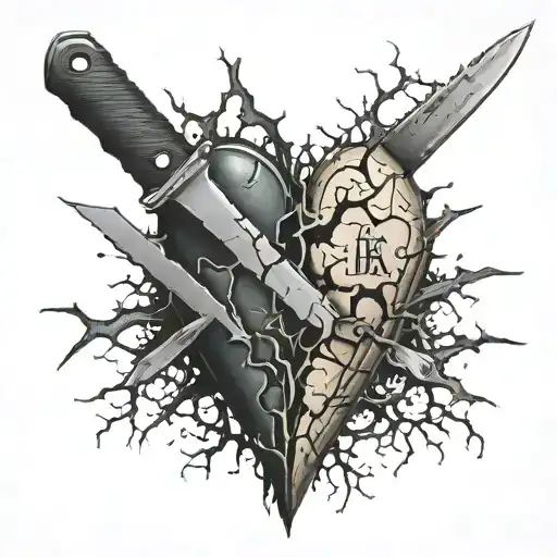 knife in a cracked heart with initials on the knife  tattoo design idea