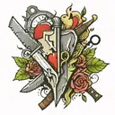knife in a cracked heart with initials on the knife  tattoo design idea