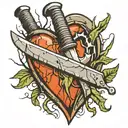 knife in a cracked heart with initials on the knife  tattoo design idea