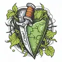 knife in a cracked heart with initials on the knife  tattoo design idea