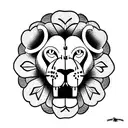 Lion with open mouth with clock in its mouth wit hydrangea around it  tattoo design idea