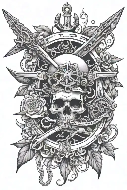 octopus anchor skull compass fish skeleton trees carnations  c130 airplane ship fishing lures  tattoo design idea