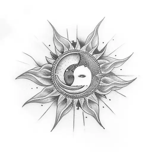 A dotwork tattoo of a crescent moon and sun intertwined, symbolizing the bond between father and daughter tattoo design idea