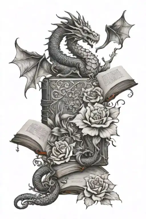 book with flowers and dragons  tattoo design idea