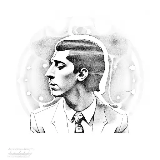 A portrait of Alex Turner with musical notes tattoo design idea