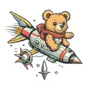 teddy bear riding a rocket ship launching tattoo design idea