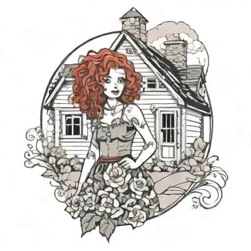 girl with curly red hair in front of a cottage in a long skirt  tattoo design idea