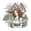 girl with curly red hair in front of a cottage in a long skirt  tattoo design idea