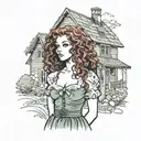 girl with curly red hair in front of a cottage in a long skirt  tattoo design idea