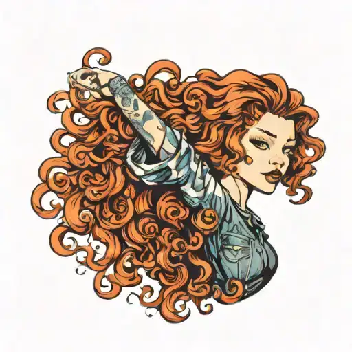 girl with curly red hair wearing jeans tattoo design idea